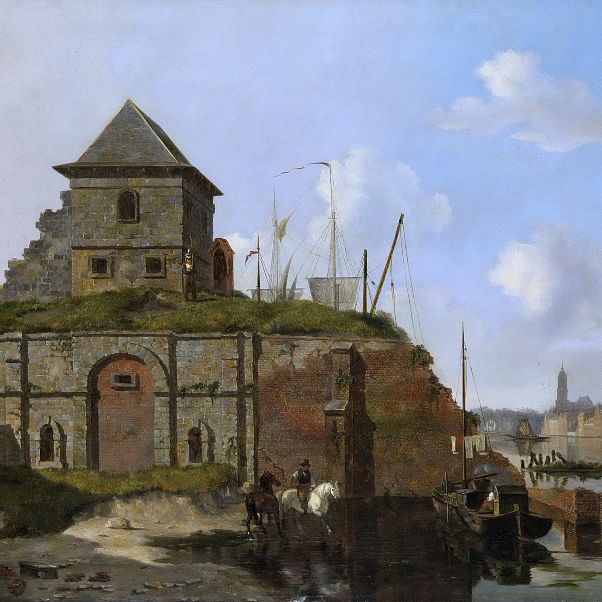Hand-painted historic riverside fort and harbor scene landscape oil painting on canvas