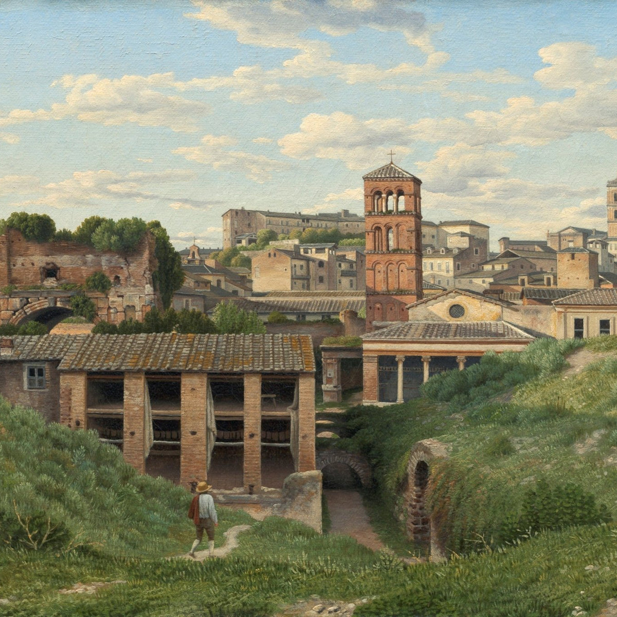 Hand-painted historic roman city ruins and hillside view landscape oil painting on canvas