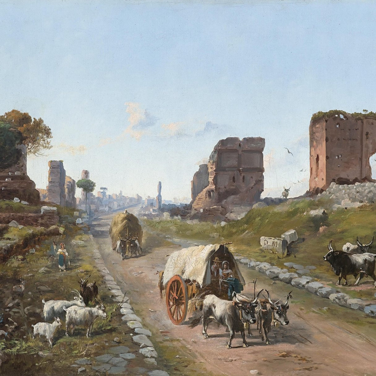 Historic Rural Road with Cart and Ruins | Hand - Painted Oil Painting - Oil Painting Haven