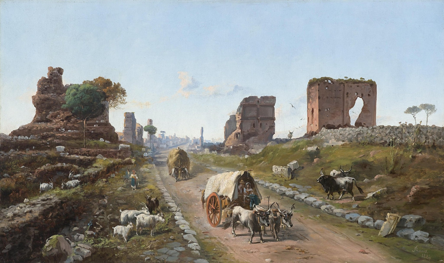 Historic Rural Road with Cart and Ruins | Hand - Painted Oil Painting - Oil Painting Haven