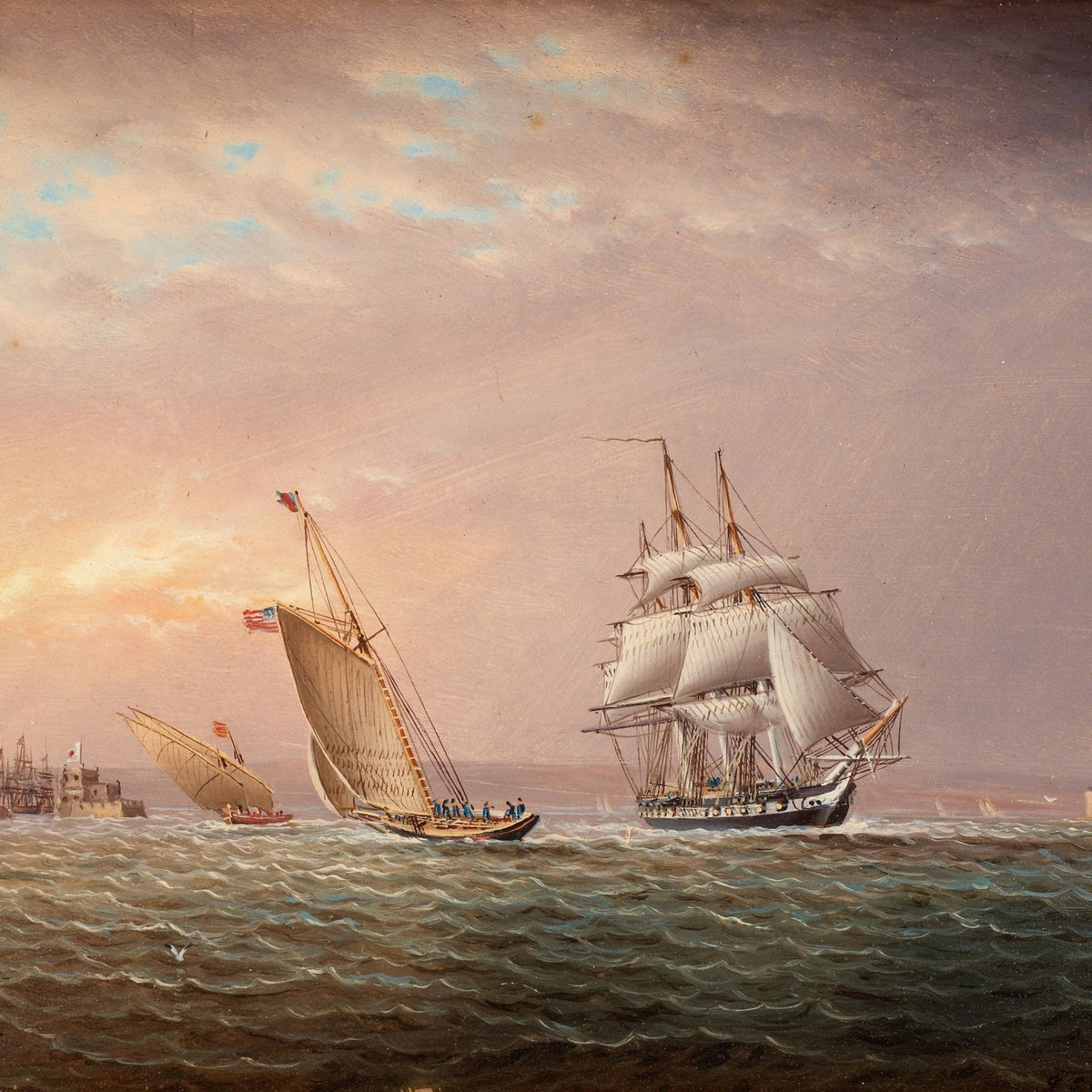 Hand-painted historic sailing ships at dusk nautical oil painting on canvas