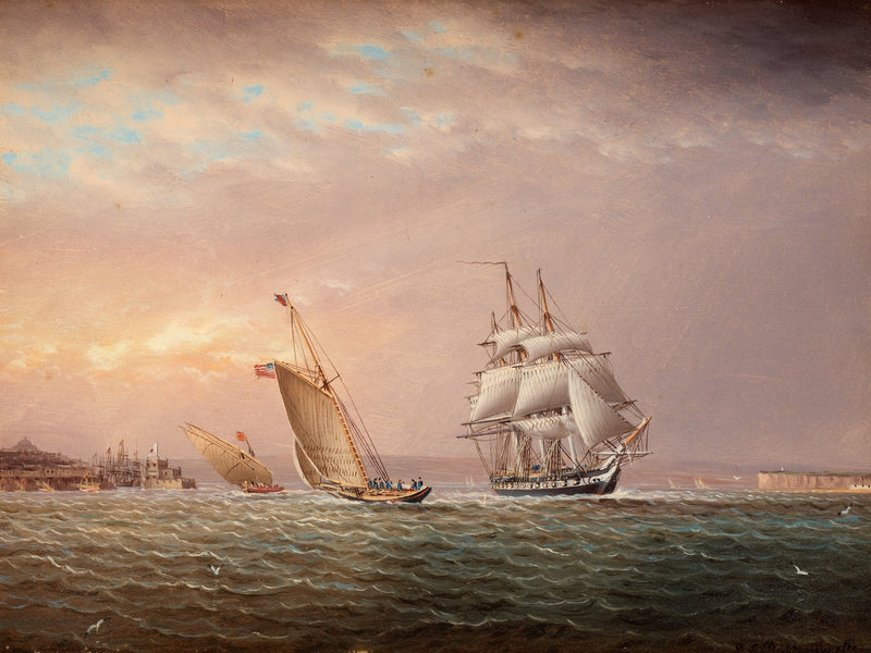 Hand-painted historic sailing ships at dusk nautical oil painting on canvas