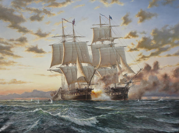 Hand-painted historic sea battle with tall ships nautical oil painting on canvas