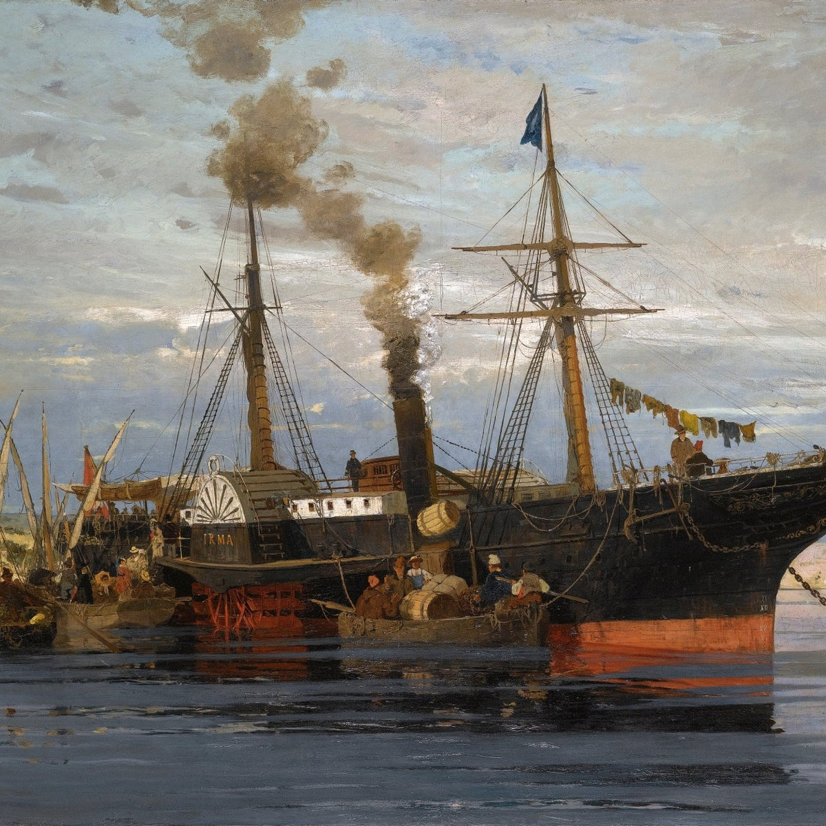 Hand-painted historic steamship in quiet harbor nautical oil painting on canvas