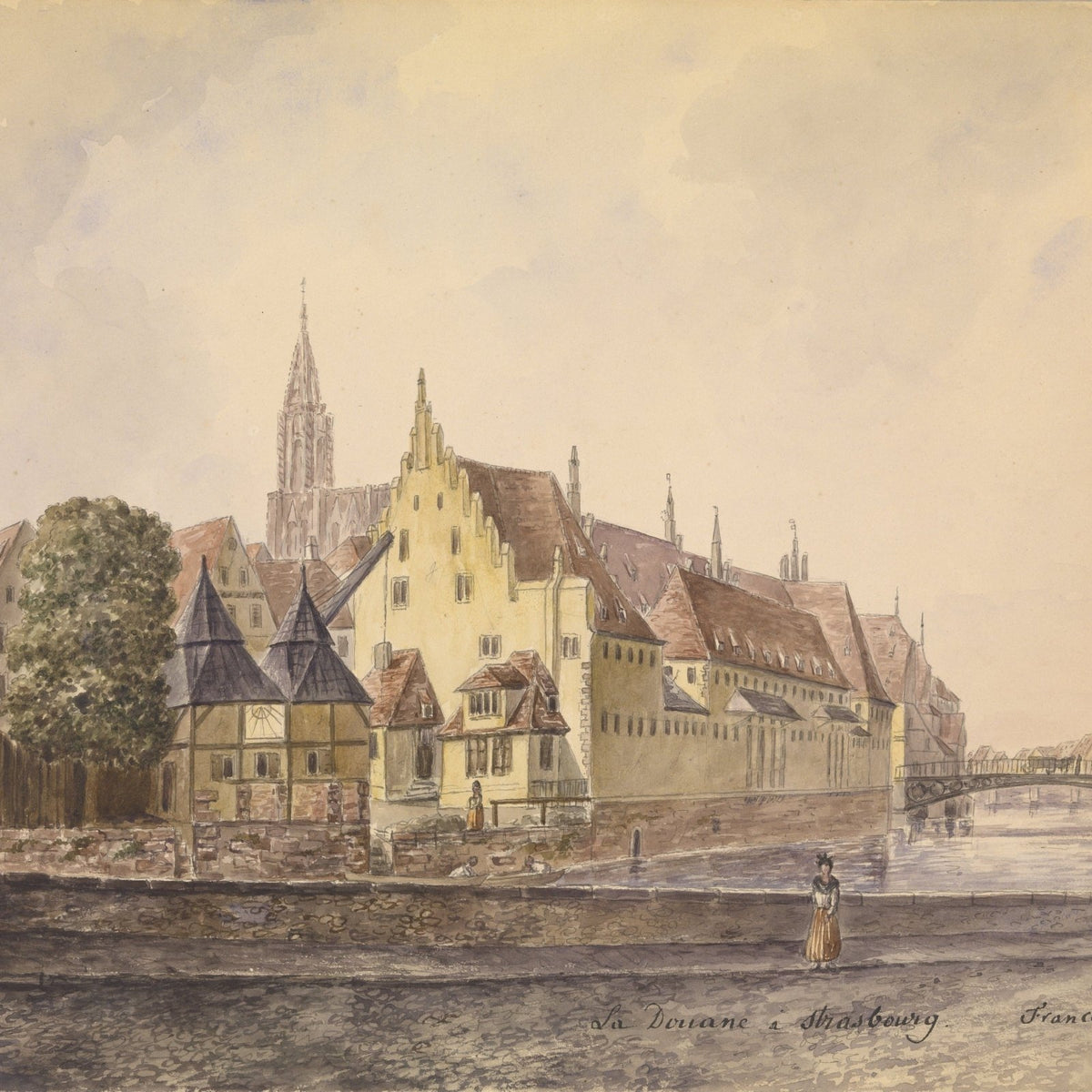 Hand-painted historic strasbourg riverfront and old town landscape oil painting on canvas