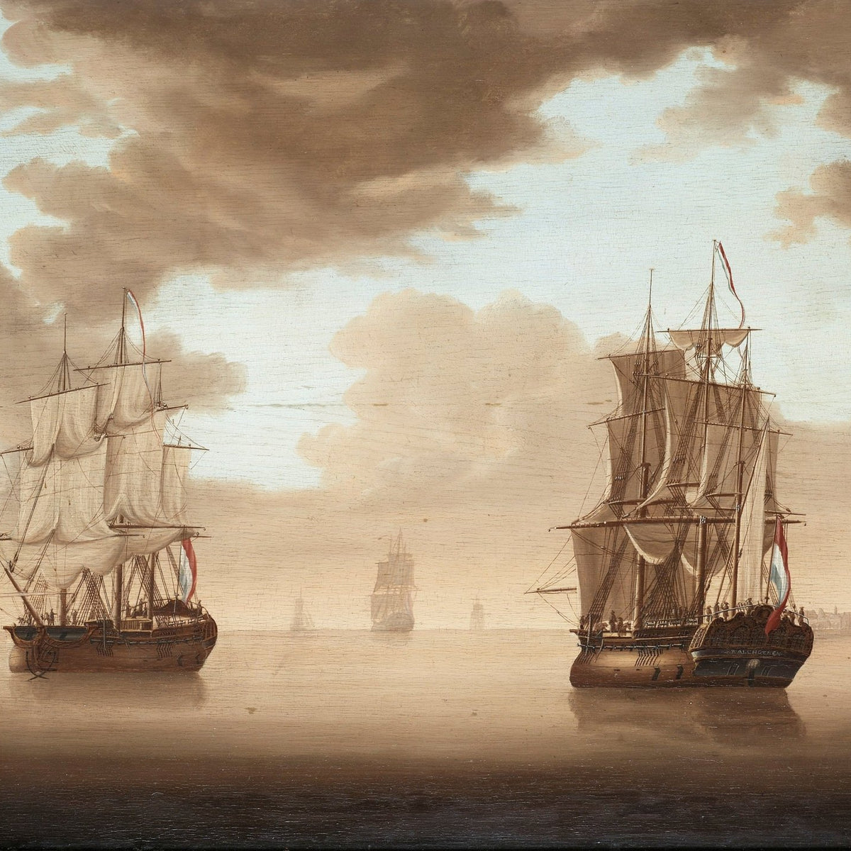 Hand-painted historic tall ships in calm harbor nautical oil painting on canvas