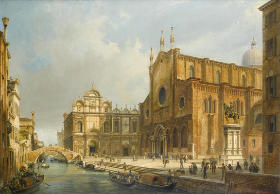 Historic Venetian Square with Canal, Figures – Landscape Oil Painting - Oil Painting Haven