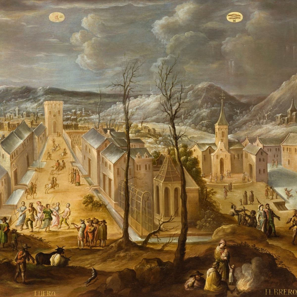 Hand-painted historic winter town scene with figures landscape oil painting on canvas