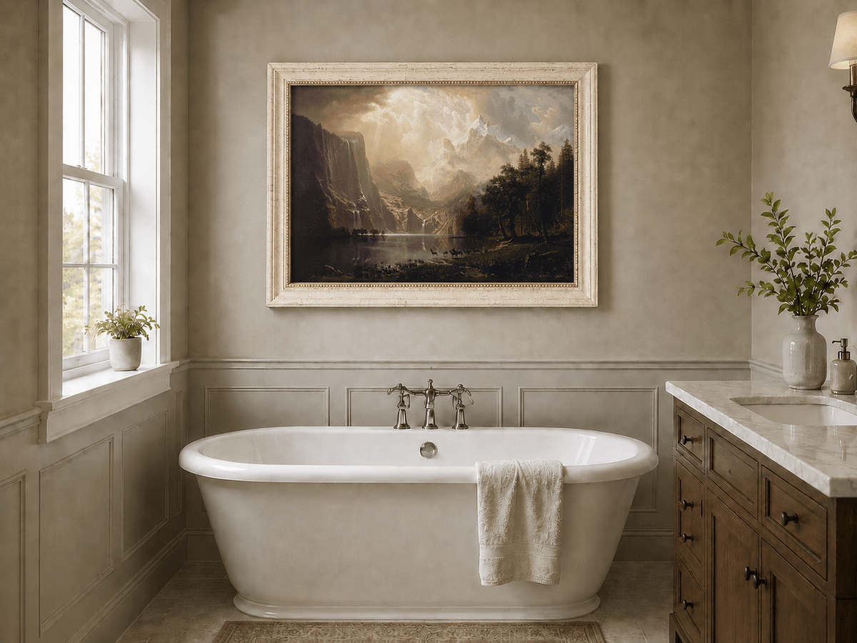 Framed hand-painted mountain stream oil painting with dramatic holy light breaking through clouds displayed above a freestanding bathtub.