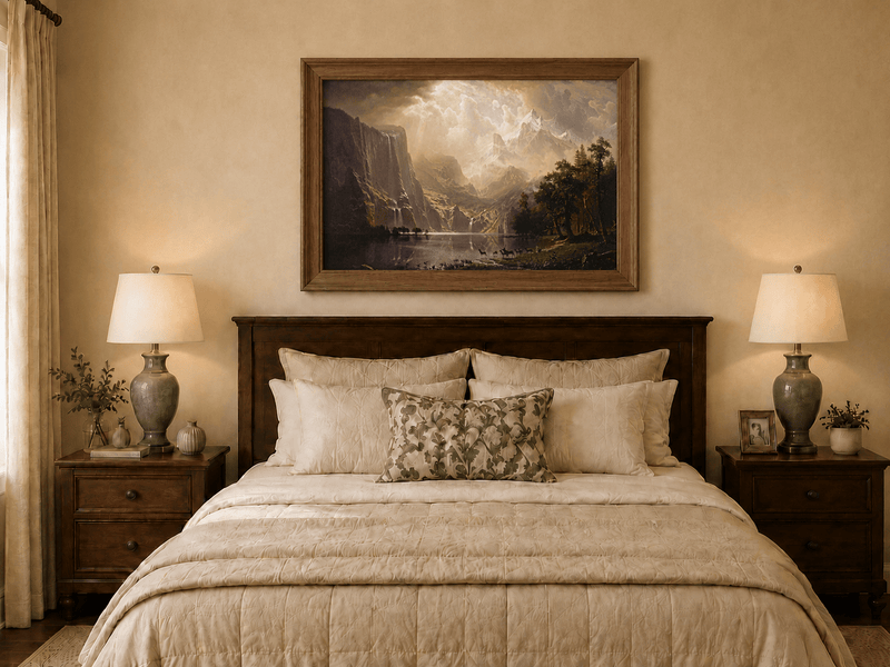 Framed hand-painted mountain stream oil painting with dramatic holy light breaking through clouds displayed above a wooden bed in a neutral bedroom.