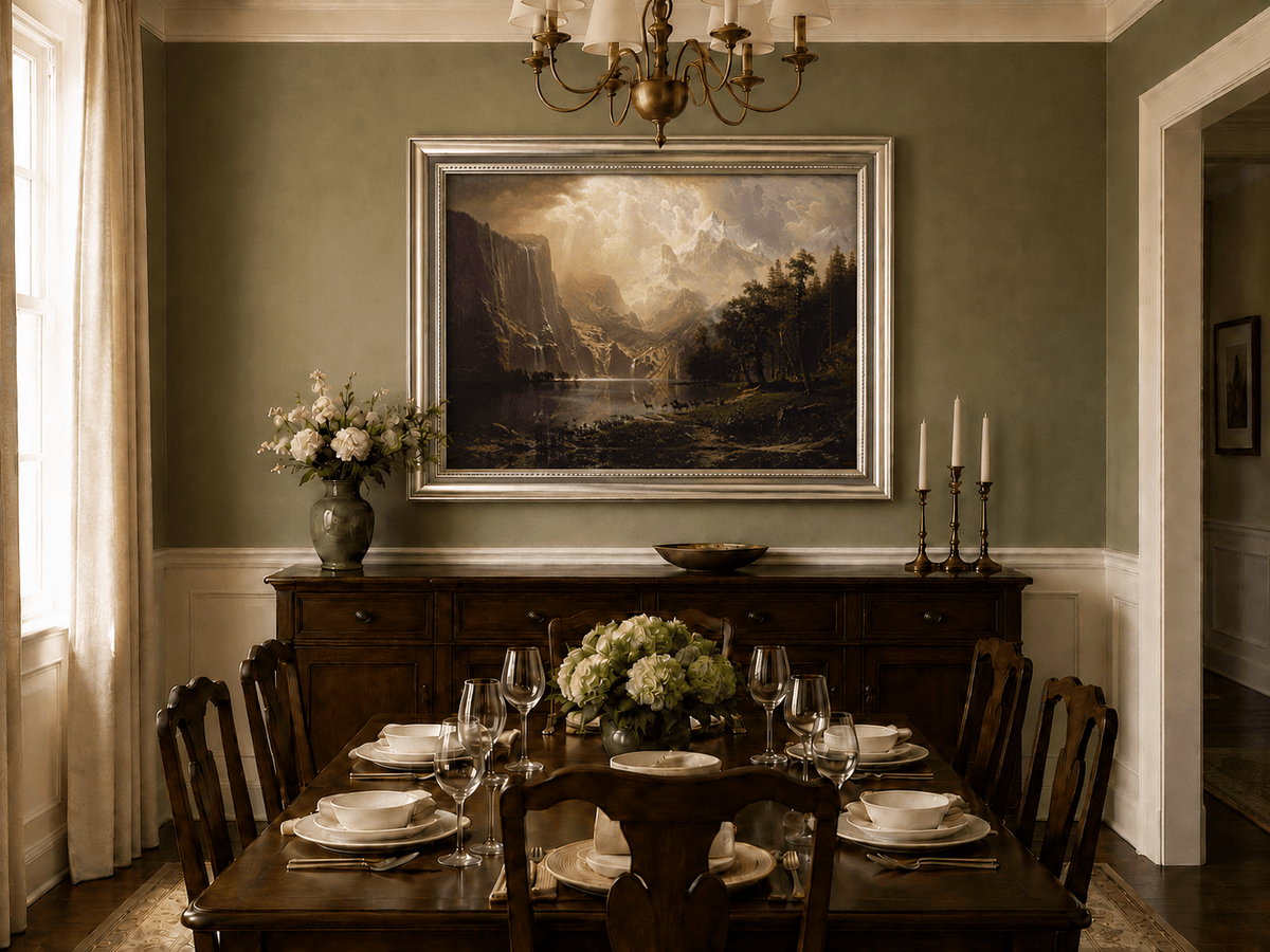 Framed hand-painted mountain stream oil painting with dramatic holy light breaking through clouds displayed above a formal dining table.
