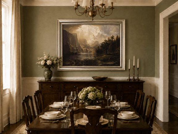 Framed hand-painted mountain stream oil painting with dramatic holy light breaking through clouds displayed above a formal dining table.