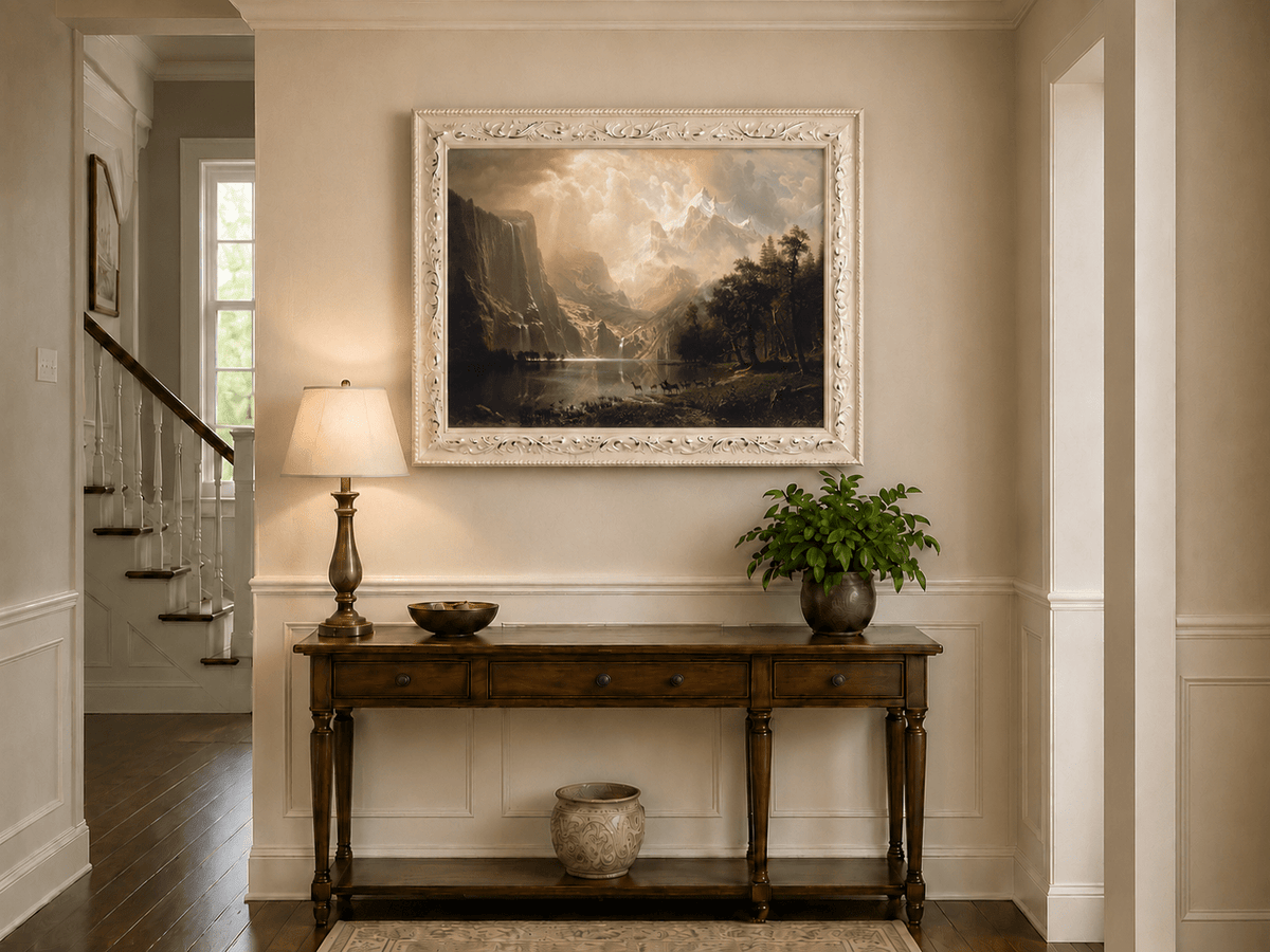 Framed hand-painted mountain stream oil painting with dramatic holy light breaking through clouds displayed above an entryway console table.