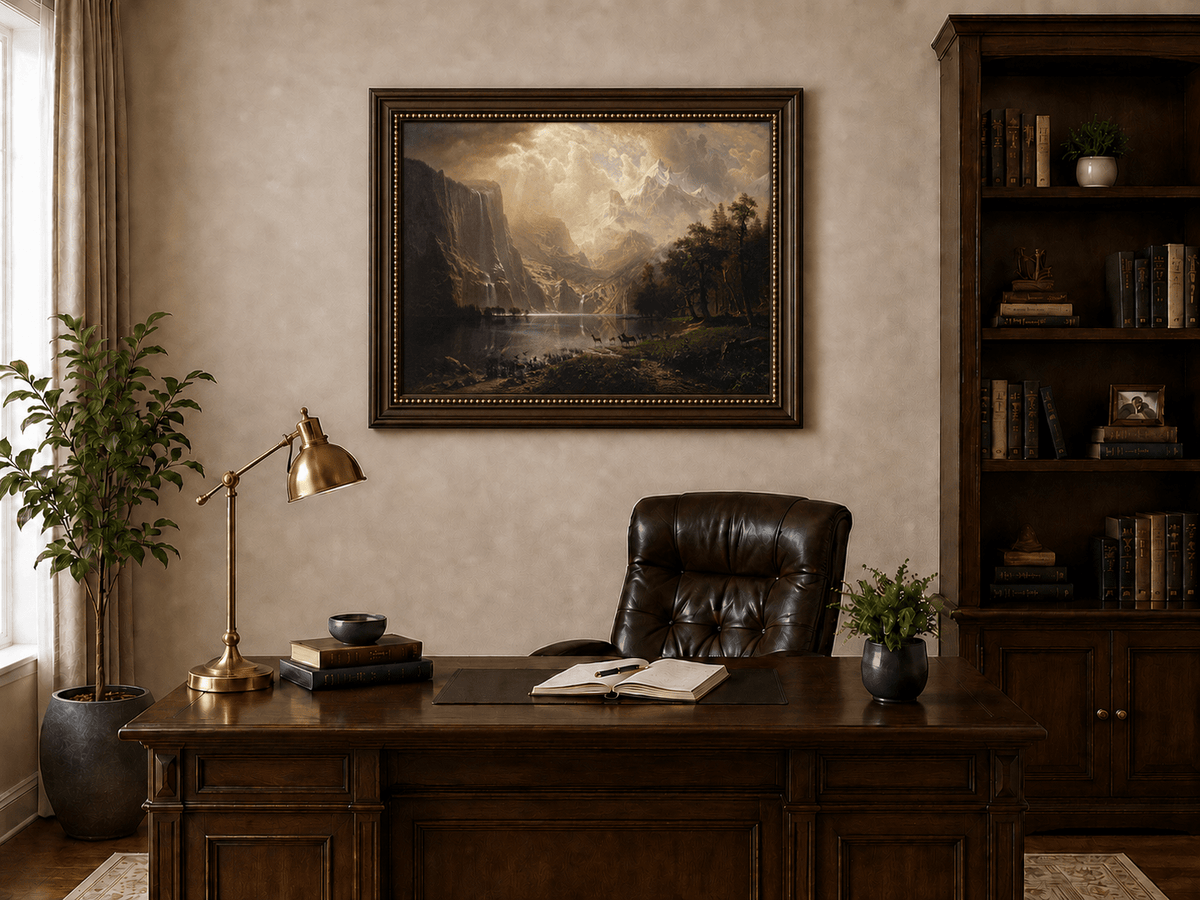 Framed hand-painted mountain stream oil painting with dramatic holy light breaking through clouds displayed above a traditional home office desk.