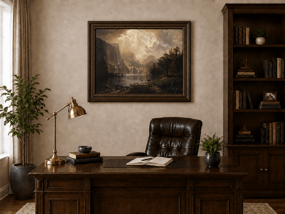 Framed hand-painted mountain stream oil painting with dramatic holy light breaking through clouds displayed above a traditional home office desk.