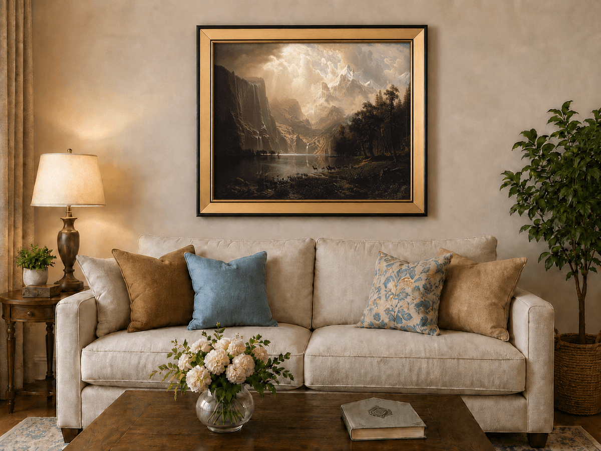 Framed hand-painted mountain stream oil painting with dramatic holy light breaking through clouds displayed above a neutral living room sofa.
