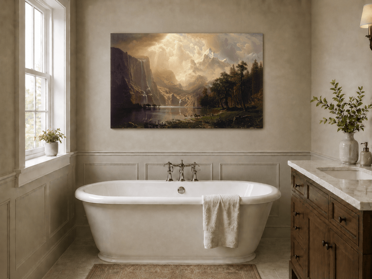 Unframed hand-painted mountain stream oil painting with dramatic holy light breaking through clouds displayed above a freestanding bathtub.