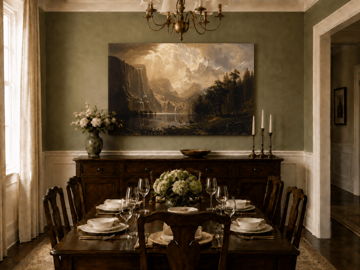 Unframed hand-painted mountain stream oil painting with dramatic holy light breaking through clouds displayed above a formal dining table.