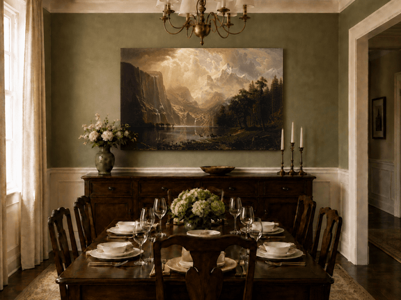 Unframed hand-painted mountain stream oil painting with dramatic holy light breaking through clouds displayed above a formal dining table.