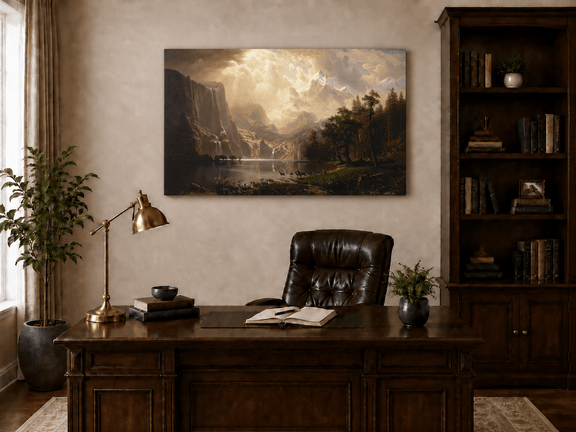 Unframed hand-painted mountain stream oil painting with dramatic holy light breaking through clouds displayed above a traditional home office desk.