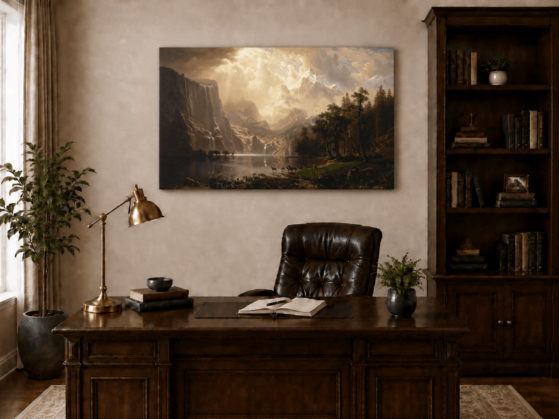 Unframed hand-painted mountain stream oil painting with dramatic holy light breaking through clouds displayed above a traditional home office desk.