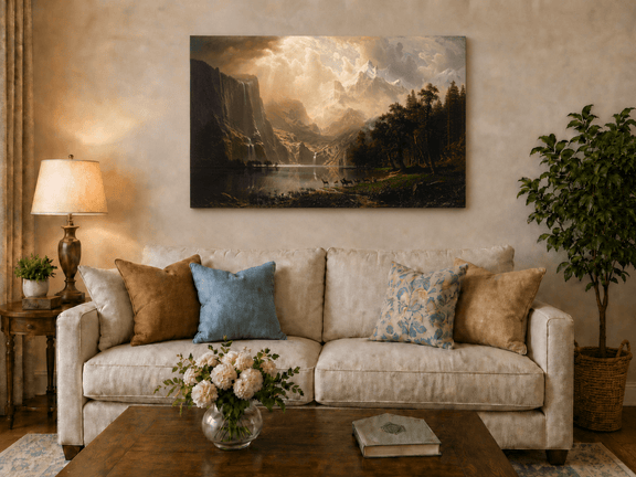 Unframed hand-painted mountain stream oil painting with dramatic holy light breaking through clouds displayed above a neutral living room sofa.