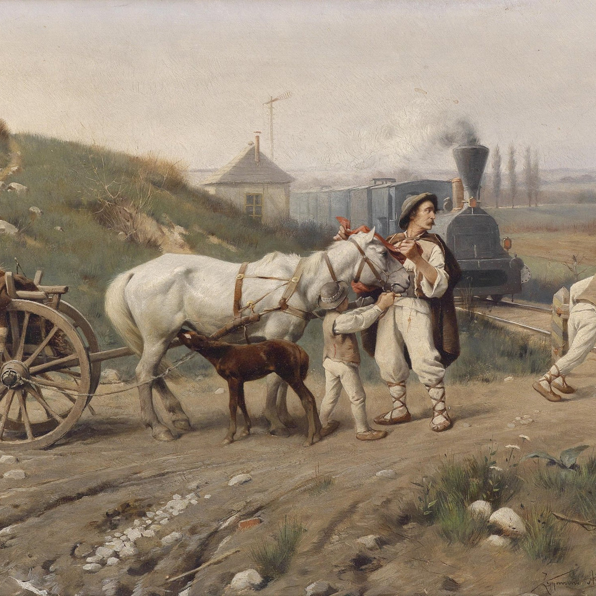 Horse Cart Stopped by Passing Steam Train - People Oil Painting - Oil Painting Haven