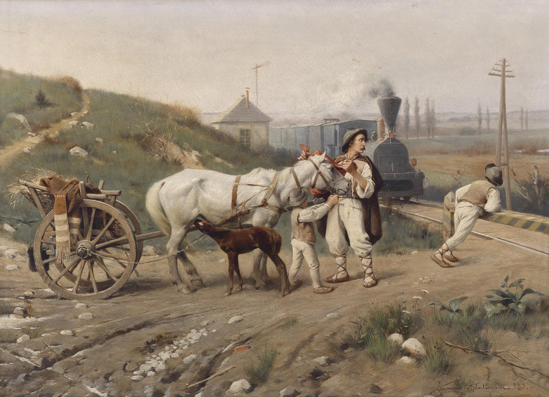 Horse Cart Stopped by Passing Steam Train - People Oil Painting - Oil Painting Haven