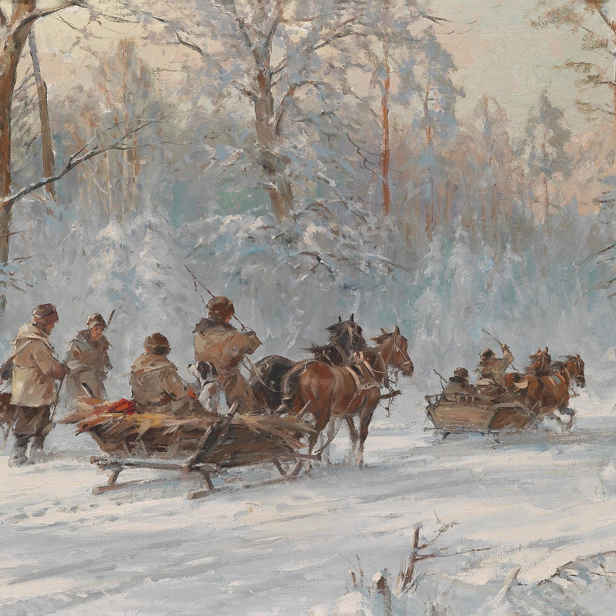 Horse - Drawn Sled Travelers in Winter Forest - People Oil Painting - Oil Painting Haven