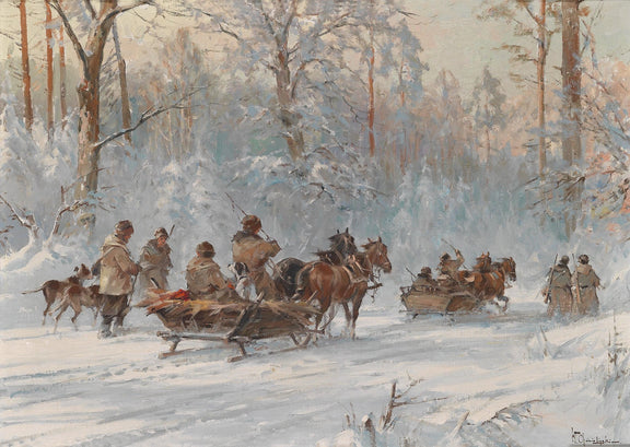 Horse - Drawn Sled Travelers in Winter Forest - People Oil Painting - Oil Painting Haven