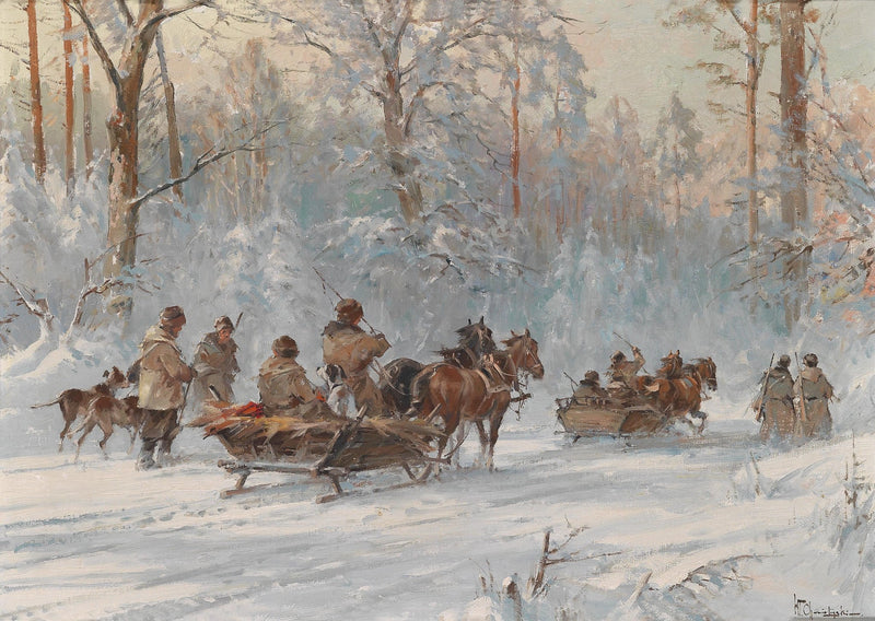 Horse - Drawn Sled Travelers in Winter Forest - People Oil Painting - Oil Painting Haven