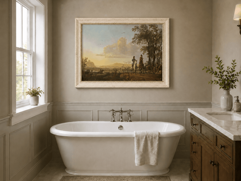 Framed hand-painted pastoral oil painting with horseback riders and livestock displayed above a freestanding bathtub.