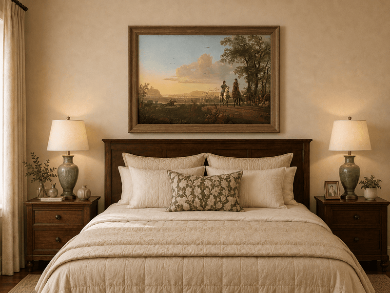 Framed hand-painted pastoral oil painting with horseback riders and livestock displayed above a wooden bed in a neutral bedroom.