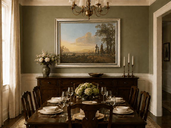 Framed hand-painted pastoral oil painting with horseback riders and livestock displayed above a formal dining table.