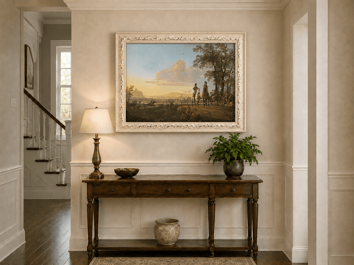 Framed hand-painted pastoral oil painting with horseback riders and livestock displayed above an entryway console table.