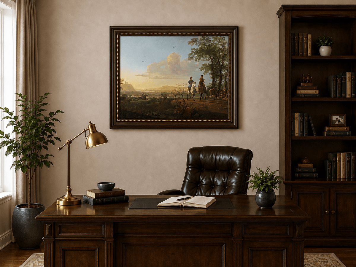 Framed hand-painted pastoral oil painting with horseback riders and livestock displayed above a traditional home office desk.