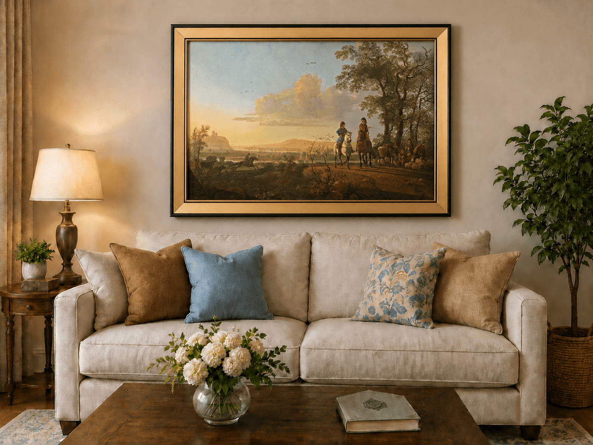 Framed hand-painted pastoral oil painting with horseback riders and livestock displayed above a neutral living room sofa.