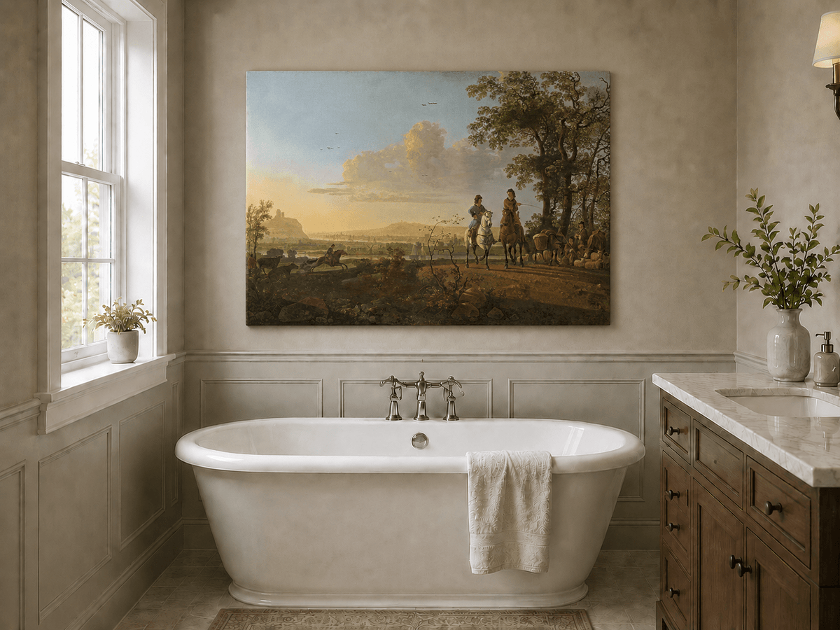 Unframed hand-painted pastoral oil painting with horseback riders and livestock displayed above a freestanding bathtub.