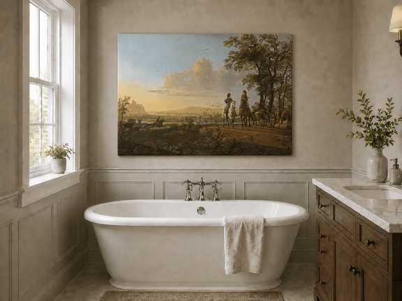 Unframed hand-painted pastoral oil painting with horseback riders and livestock displayed above a freestanding bathtub.