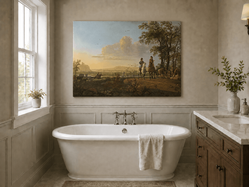 Unframed hand-painted pastoral oil painting with horseback riders and livestock displayed above a freestanding bathtub.