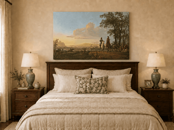 Unframed hand-painted pastoral oil painting with horseback riders and livestock displayed above a wooden bed in a neutral bedroom.