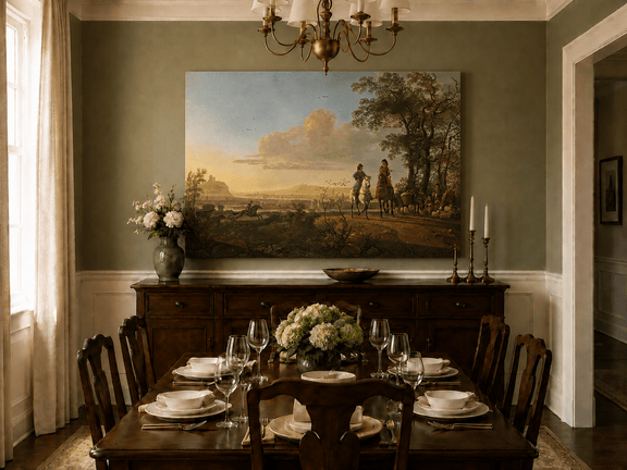 Unframed hand-painted pastoral oil painting with horseback riders and livestock displayed above a formal dining table.