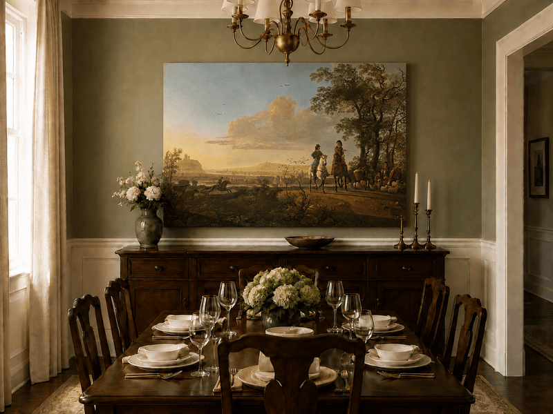 Unframed hand-painted pastoral oil painting with horseback riders and livestock displayed above a formal dining table.