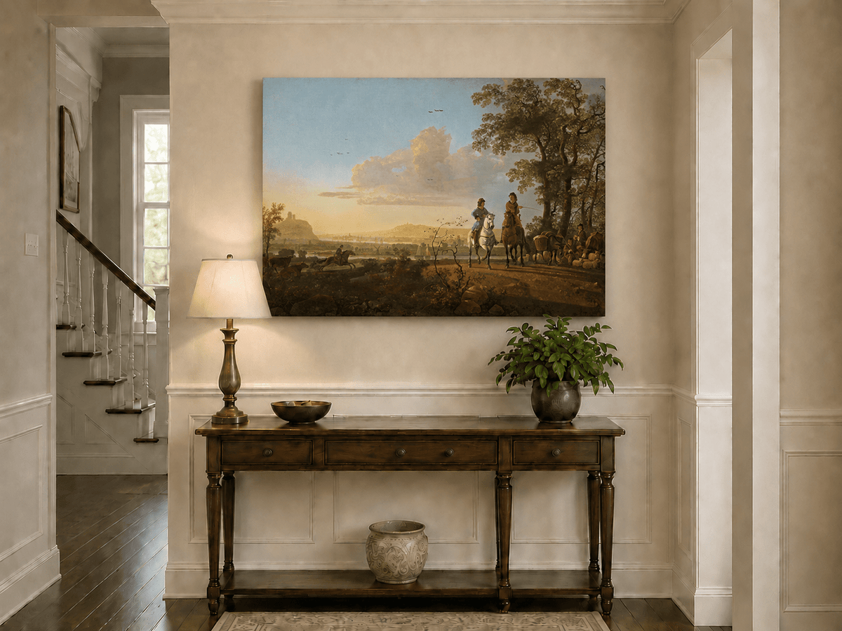 Unframed hand-painted pastoral oil painting with horseback riders and livestock displayed above an entryway console table.