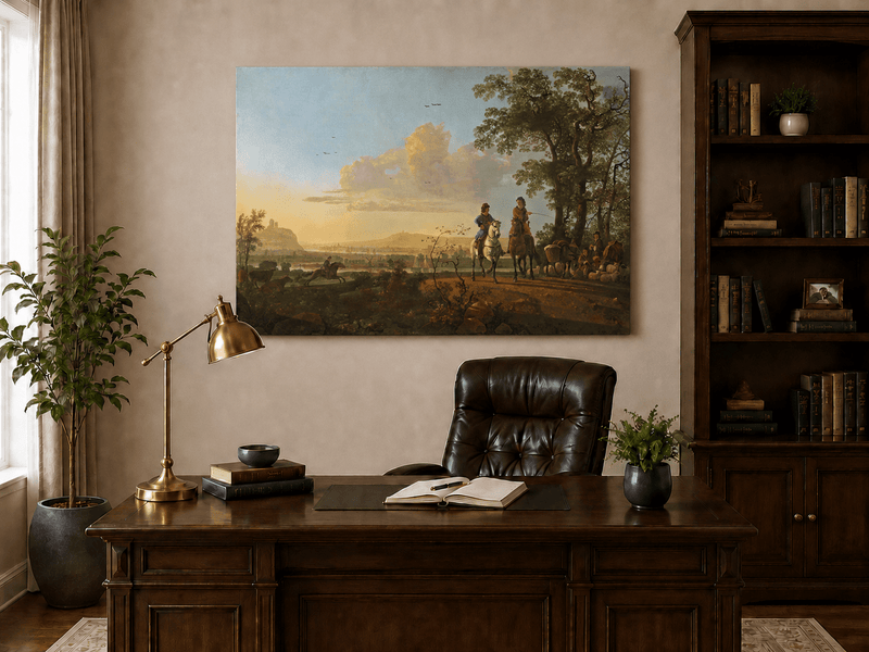 Unframed hand-painted pastoral oil painting with horseback riders and livestock displayed above a traditional home office desk.