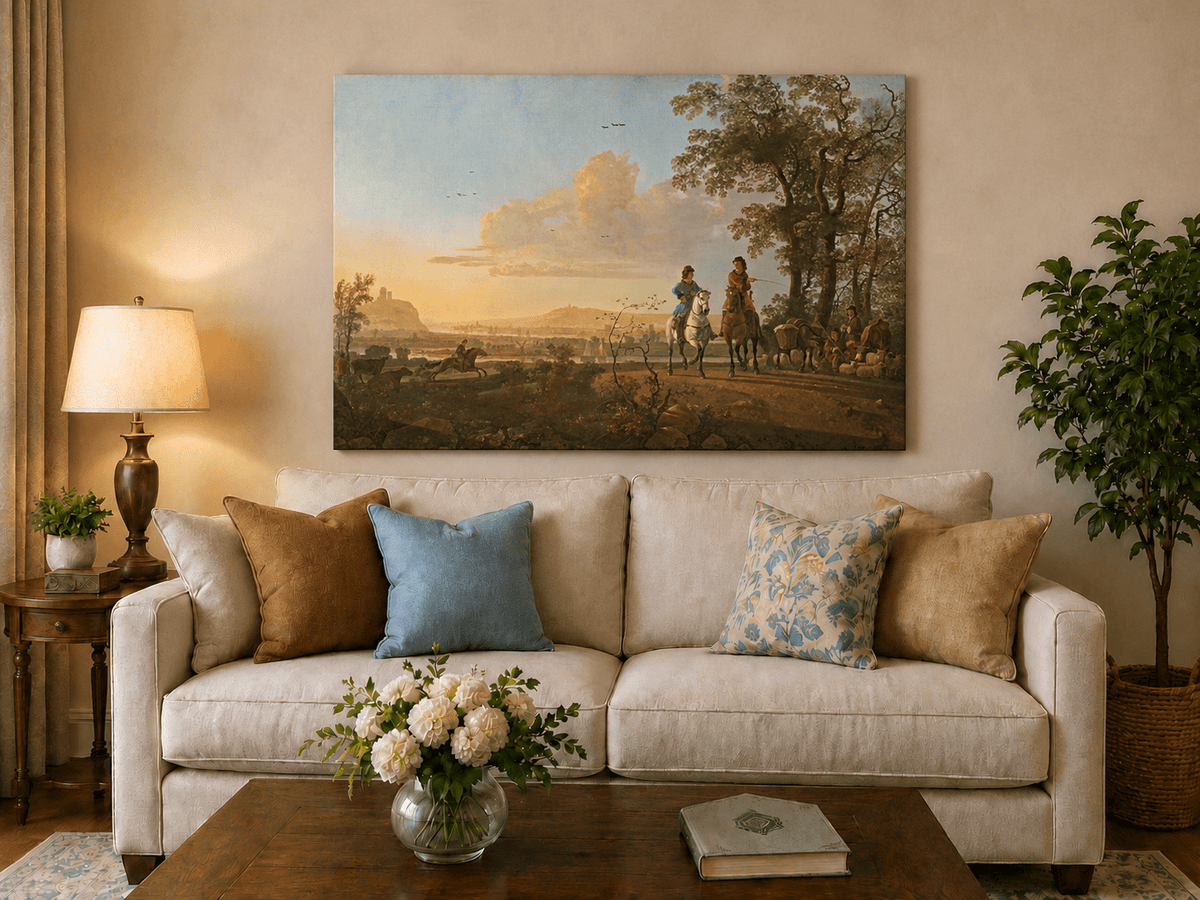 Unframed hand-painted pastoral oil painting with horseback riders and livestock displayed above a neutral living room sofa.
