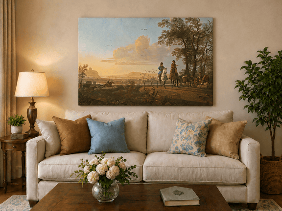 Unframed hand-painted pastoral oil painting with horseback riders and livestock displayed above a neutral living room sofa.