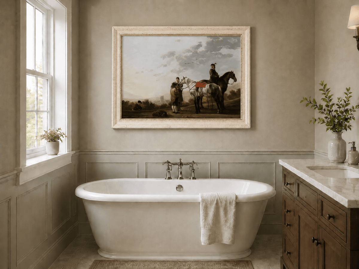 Peinture à l'huile de paysage - Homme à dos d'âne, femme, chien et champ rural