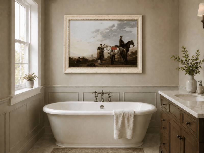 Peinture à l'huile de paysage - Homme à dos d'âne, femme, chien et champ rural