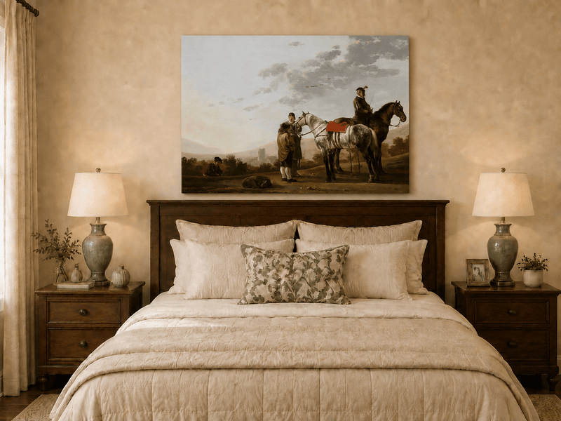 Peinture à l'huile de paysage - Homme à dos d'âne, femme, chien et champ rural